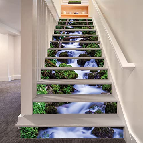 FLFK 3D Paesaggio naturale della cascata della foresta verde Stacca e attacca Le scale alzata Adesivi Vinile decalcomania adesivi per scale scale decorazione 39,3 pollici x7,08 pollici x 13 pezzi