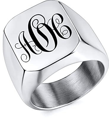 OTXIXTO Benutzerdefinierte Initialen Monogramm Siegelringe für Männer Personalisierte Edelstahl Ringe Schwarz Silber Gold Farben Ideales Erinnerungsgeschenk für Mann Freund(Silber)