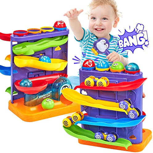hahaland Toys for 1 Year Old Boys - 2 in 1 Pound & Roll Balls Toy & Car Ramp Race Track Toddler Toys Baby Toys 12 Months Early Developmental Hammer Montessori Toys Gifts for 1 2 3 Year Old Boys Girls