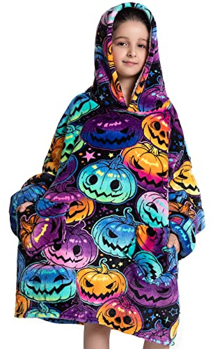 JOJJJOJ Couverture à capuche surdimensionnée pour enfants, sweat-shirt avec poches, couverture portable pour garçons, filles, adolescents et enfants, citrouille, taille unique