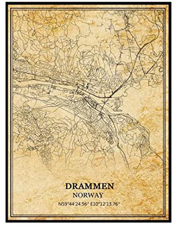 TANOKCRS Drammen Norge väggkonst väggdekoration vintage tryck affisch karta konstverk resa souvenir gåva heminredning 24 x 28 cm utan ram