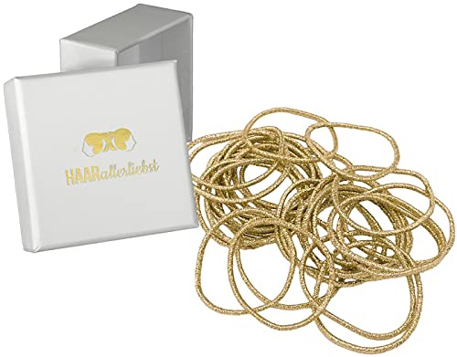 Haarallerliebst Haargummi Damen Gold für alle Haarfarben (30 Stück | 1,5mm dünn) - Dünne Haargummis nahtlos für Zopf & Dutt - Haargummis Damen | Zopfgummi | Hair Ties