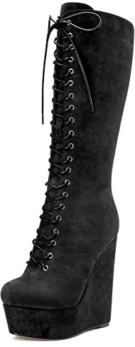 Castamere Femmes Compensé Haut High Talon Heel Fermé Rond Bout Mi Mollet Lacets Fermeture à Glissière Classique Bottes Noir 43 EU
