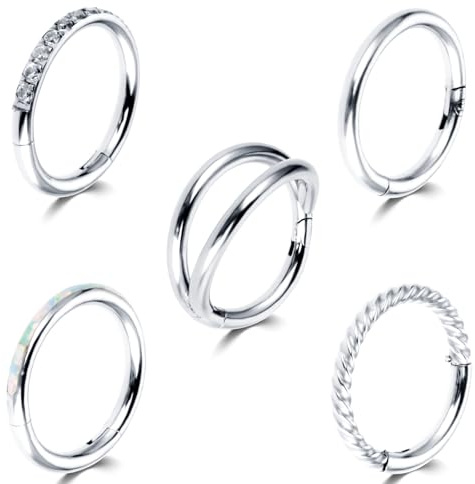 Yolev 5Pcs 18G Nose Rings Hoops Hinged Clicker Septum Ring CZ Tragus Cartilage Double Nose Ring Silver Nose Body Piercing Jewelry for Women Men(8MM)