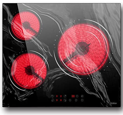 Piano Cottura Vetroceramica a 3 Piastre, Piano Cottura in Ceramica 60CM, Vetro Marmo, Sensor-Touch Control, 9 Livelli di Potenza, 5700W, Cablato, Senza Spina, LH09