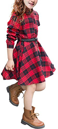Vestido Casual Cinturón Manga Larga Buffalo Check Negro Blanco Rojo Plaid Vestidos para Niños Niñas 152