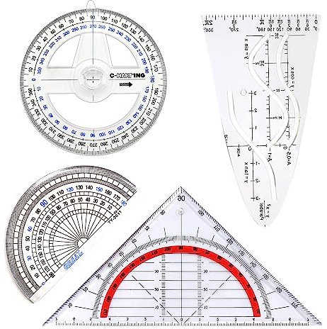 4 Stück Geometrie-Set,Parabel Glasklar,Geometrie-Dreieck,Halbkreis Winkelmesser, Winkelmesser 360 Grad, Geodreieck zum Kreise Zeichnen,bruchsicher glasklar für Studenten Büro Designer Malerei