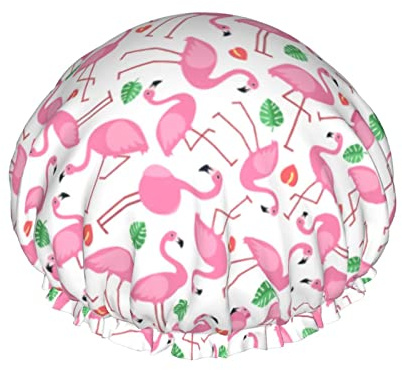 Flamingo wiederverwendbare Duschhaube für Damen, wasserdichte Badekappe mit PEVA-Futter, doppellagiger, elastischer Stretch-Saum, Badekappe, wasserdichte, dehnbare Haarkappe für Damen und Herren