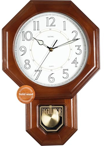 JUSTIME Traditional Luminous Schoolhouse Solid Wood Pendulum Wall Clock Chimes Hourly with Westminster Melody Chime Made in Taiwan (Dark Wood w/Westminster Chime)