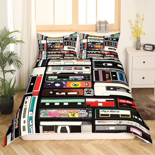 Feelyou Vintage Cassette Bedding Set Queen Size, Music Record Player Duvet Cover for Boys Girls Colorful Audio Cassette Comforter Cover Retro Audio Bedspread Cover 3Pcs (No Comforter)
