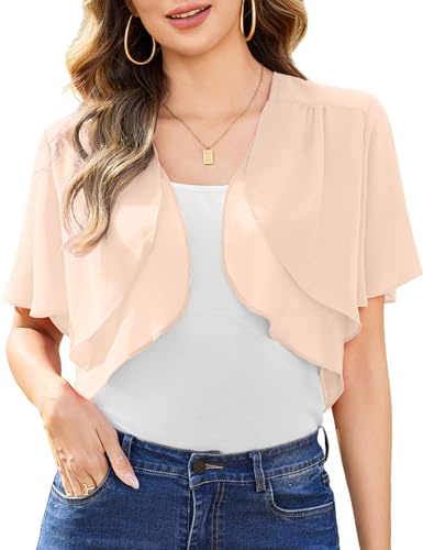 Aottori Bolero Donna Elegante Coprispalle Chiffon Maniche Corte Cardigan Estivo Corto Bolerino Cerimonia Giacca Trasparente Leggero per Matrimonio Cerimonia Albicocca M