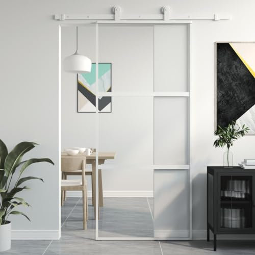 Gecheer Puerta corrediza, kit de montaje, de vidrio ESG y aluminio, blanco y transparente, con 2 barras horizontales, 90 x 205 cm, juego de puertas correderas, puerta corredera de vidrio y aluminio