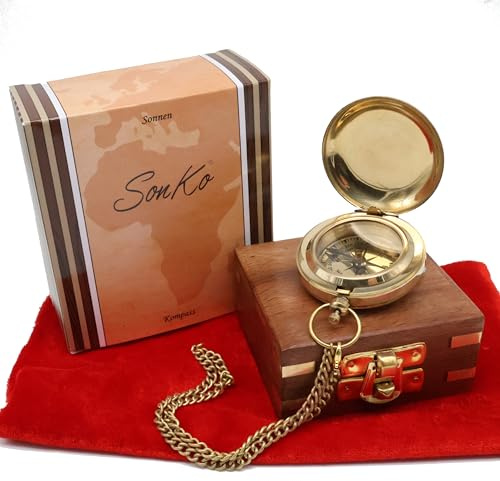SonKo® Kompass mit Gravur Kompass personalisiert – Antik Optik nautischer funktionsfähige Maritime Deko aus Messing. Konfirmation Geschenk Kommunion (Mit Personalisierung)