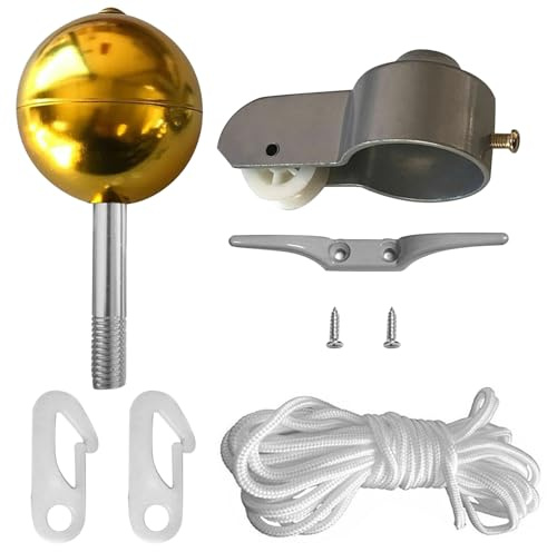 IGTOPS Flaggstång tillbehörsset, flaggstång reparationssats, flaggstång reparationsdelar inklusive boll, rep, karbinhake för flagga, klämma, aluminiumtopp med linrulle flaggdelar, guld