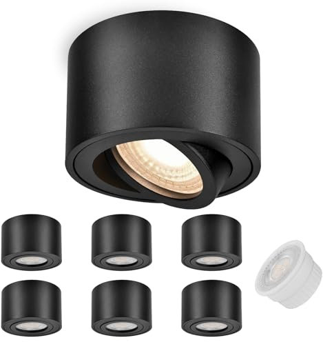GeyouLux 6x Spots de Plafond Noir - Extra plat & pivotant à 38° - Ø80x50mm - Spot en saillie Orientable - 5W 500LM 4000K - Module LED 230V Inclus - Aluminium LED Plafonnier Spot
