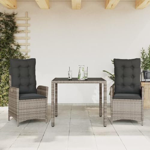 Keyroto Polyrattan Sitzgruppe mit 2 Gartenstuhl Hochlehner Verstellbar Garten Essgruppe 2 Personen Rattan Gartenmöbel Set Garten Essgruppe Gartengarnitur Sitzgarnitur Grau Type-67