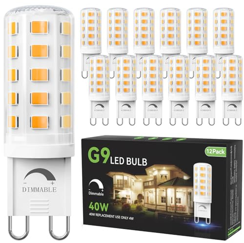 TJOY 12 Pack Dimmable G9 LED Bulb 4W Equivalent 40 Watt, 3000K Soft Warm White, T4 G9 Bi-pin Base Halogen Replacement, G 9 Socket Light Bulb for Chandelier Wall Sconce, 120V No Flicker, 450LM