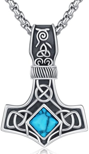 Collar Martillo de Thor, Colgante Martillo de Thor turquesa de Plata de Ley 925 y Collar Vikinga, Joyería Amuleto Regalos para hombre y mujer