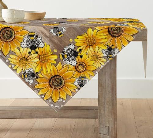 Artoid Mode Braun Sonnenblumen Bienen Frühling Tischwäsche, Saisonnal Sommer Küche Tisch Dekoration Drinnen Urlaub Party Dekor 85x85 cm