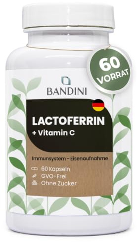 Bandini® Lactoferrin | 200 mg Lactoferrin + 60 mg Vitamin C (1 Kapsel/Tag) | 60 Kapseln für 2 Monate | Für die Eisenaufnahme und das Immunsystem | Colostrum-Inhaltsstoff | Hochdosiert, GMO-frei