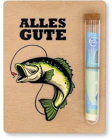 ZUKLA Verpackung für Geldgeschenke Angler - 13 x 10 cm - mit Reagenzglas - Geschenk für Angler - Geldgeschenk Verpackung aus Holz