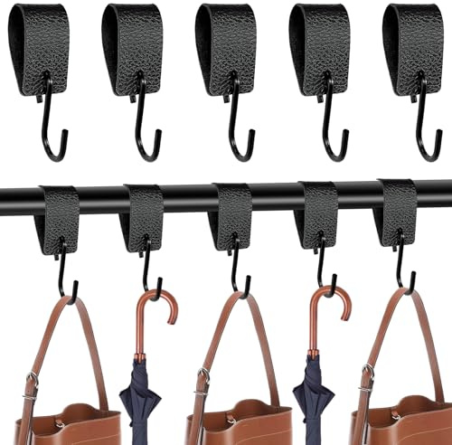 Kleemeiero 10 Stück S Haken Schwarz mit Lederschlaufe Kleiderhaken Garderobe Fleischerhaken Leder S haken für Kleiderstange 12,5 x 3 cm Metallhaken S-haken für Küche Bad Schlafzimmer Wohnzimmer