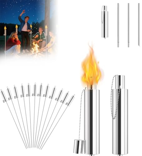 LARS360 12er Set Ölfackeln Lampe Fackeln für Außen – Edelstahl Gartenfackeln mit 330ml Ölbehälter, Glasfaser Docht, Löschkappe – Höhe 115cm, Wiederverwendbar