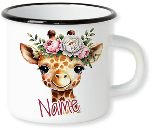 GRAZDesign Personalisierte Emaille Giraffe Kindertasse mit Namen mit Blumen für Mädchen
