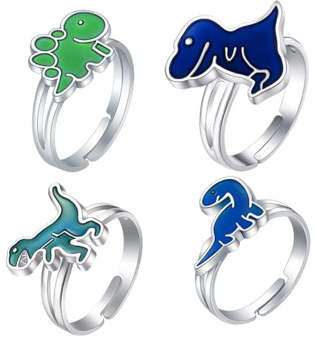 DvBCNMe 4 Stück Stimmungsring, Stimmungs-Dinosaurier-Ringe-Set, Farbwechsel, Emotionsgefühl, Temperatur, Fingerring, verstellbar, Tier, lustiger Schmuck, Party-Spielringe, Geburtstagsgeschenk
