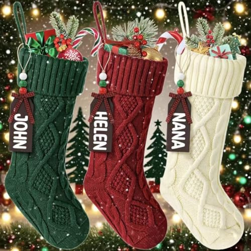 Saffory Knit Christmas Stockings 18 Inch Large with Name Tags,3pcs Xmas Hanging Stocking Personalized Decorations for Family Holiday Season Decor Kids Xmas Decorations