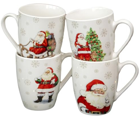 Darthome Set of 4 Ceramic Father Christmas Print Mugs, 320ml Santa Claus Coffee Cups, Microwave & Dishwasher Safe