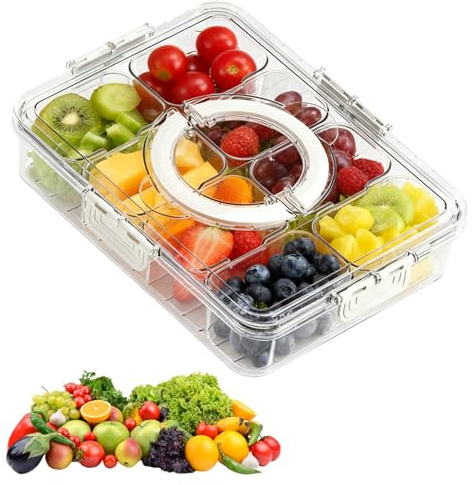 WEELOO Clear Divided Serving Tray with Lid and Handle, Reusable Snack Box with 8 Removable Compartments, Portable Food Storage Container for Salad, Vegetables, Fruit, Snacks, Party, Picnic