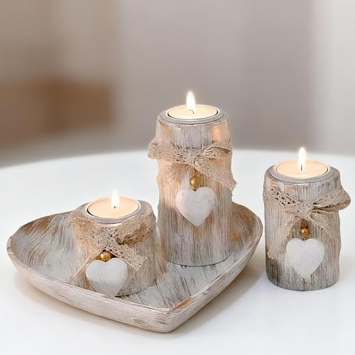 Teelichthalter Holz Herz mit Tablett, 3-teiliges Kerzendeko Set mit Herzen in Vintage Design für Tischdeko Wohnzimmer, Hochzeit, Geschenk für Mama, romantische Wohndeko Kerzendeko