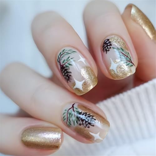 Feuilles à presser sur les ongles courts carrés artificiels scintillants couverture complète à coller sur l'arbre de Noël pour femme Faux ongles à coller Couverture complète Faux court À presser