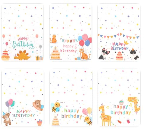 Exipsat 6 Stück Cartoon Geburtstagskarten Set mit Umschlägen, Süße Kindergeburtstagskarten für Mädchen und Jungen, Geburtstagskarte Einladungskarten Kindergeburtstag