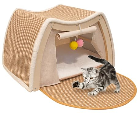 Katttält - Vila Lek Sisal Scratcher, Kattsäng Cave Trä Sisal Material, 50x40x40cm Två I 1 Skrapstolpe, Tält Med Gardin | Kattungevilla För Hemsovrum Vinter Husdjursrum Säsongen