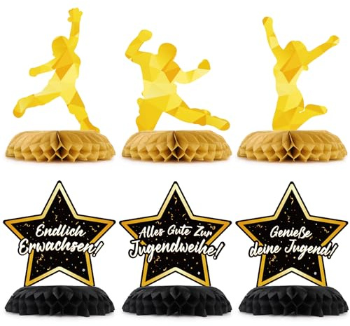 COMOOKA Jugendweihe Deko Schwarz Gold - 6 Stück Tischaufsteller mit Menschen-Silhouetten Motiv & Endlich Erwachsen - Bienenwabe Mittelstück - Jugendweihe Tischdeko für Junge & Mädchen