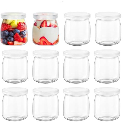 JUNANDHBAO Töpfe per budino e yogurt, vasetti di vetro con coperchio, vasetti trasparenti multiuso per dessert, vasetti per yogurt, per marmellata, miele, mousse, dessert (12 pezzi)