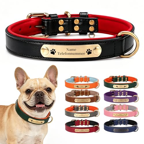 Individuelles Hundehalsband aus PU-Leder – Gravurplatte mit Name & Telefonnummer, weiche Innenpolsterung, verstellbar für kleine, mittlere & große Hunde