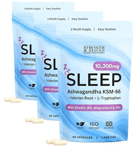 Ashwagandha High Strength KSM-66, Valerian Root & L-Tryptophan Supplement with Magnesium, Zinc & Vitamin B6 – UK Made, 2 Month Supply, 60 Vegan Capsules (Pack of 3)