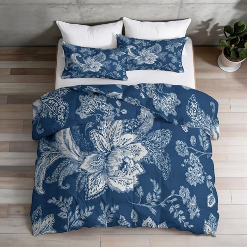 Barntäcke, 140 x 200 cm, blommig blå linjer för flicka pojke - sängkläder för 1 person, lätt och mjukt - alla årstider paisley täcke med 2 örngott