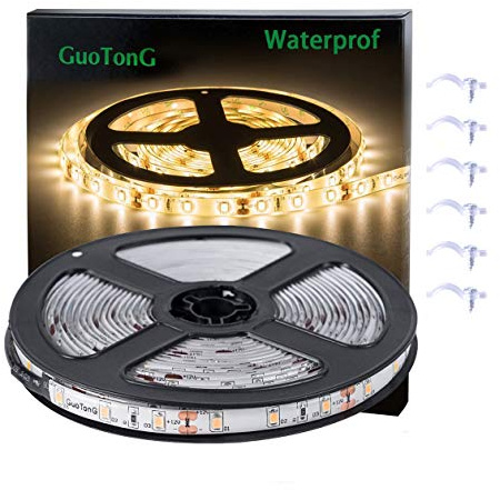 GUOTONG Warm White LED Strip Lights, Waterproof cuttable 300 SMD 2835 LED Tape, 6000K 16.4ft/5m 12V Flexible Ribbon, Kitchen Cabinet Lighting, Hotel, Club, Bar（No Power Supply