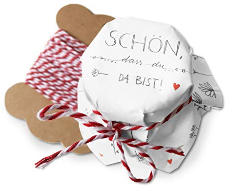 25 MINI Marmeladendeckchen - schön, dass du da bist - Gläserdeckchen Weiß mit Blumen für Marmelade, kleine Marmeladengläser & Einmachgläser, Recyclingpapier Abreißblock + 10 m Garn + Justiergummi