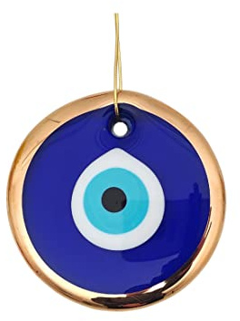 Erbulus 3.5 Glass Blue Evil Eye Wall Hanging Gold Ornament - Turkish Nazar Bead - Home Protection Charm - Gold Wall Decor Amulet in a Box (Medium)