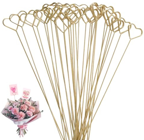 WANDIC Herzförmige Blumenplektren – 30 Stück Metalldraht, Tischkartenhalter, vergoldet, weit verbreitet für Hochzeits-Party-Dekoration, Blumenarrangement, Heimdekoration