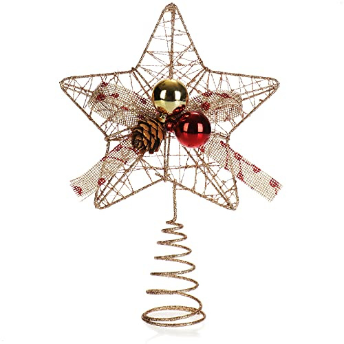 COM-FOUR® Estrella de Navidad Decorativa - Estrella Dorada con Lazo, Cono y Bolas - Adorno para el árbol de Navidad - Adorno navideño Brillante para Colgar (Color Dorado - con Lazo - S)