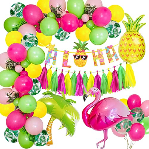 Hawaii Party Deko mit Flamingo Luftballon, ALOHA Banner, Tropische Ballons, Tassels für ALOHA Tropischen Garten Tiki Luau Sommer Party