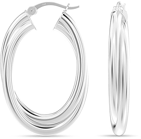 Tvåfärgade trefärgade creoler i 925 sterlingsilver från LeCalla, ovala, runda, polerade, tjocka örhängen för kvinnor, 35 mm x 25 mm, Silver, Inte känd