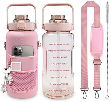 Chokoter Half Gallon Water Bottle with Sleeve, 64OZ Motivational Water Bottle with Straw & Time Marker, BPA Free Leakproof Gym for Sport Workout
