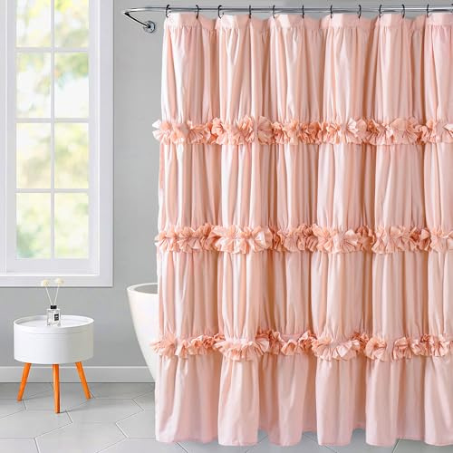 Homechoice Decor Peach Ruffle Shower Curtain, Vintage Handcrafted Bow Tie Bath Curtain for Master Bathroom, Ruched Microfiber Bathroom Curtain with 12 Buttonholes, 72 W x 72 H (LQ-10)